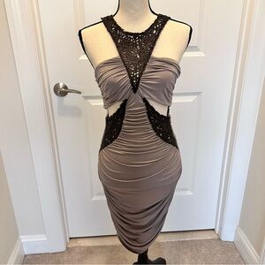 bebe Taupe and with Brown Leather Bandeau Dress SZ M
